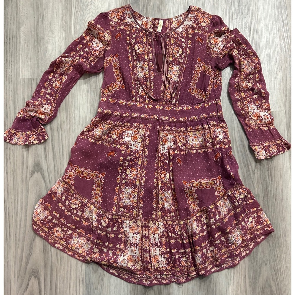 Free People Plum Purple Floral Paisley Patchwork Boho Mini Dress Womens‎ Size M